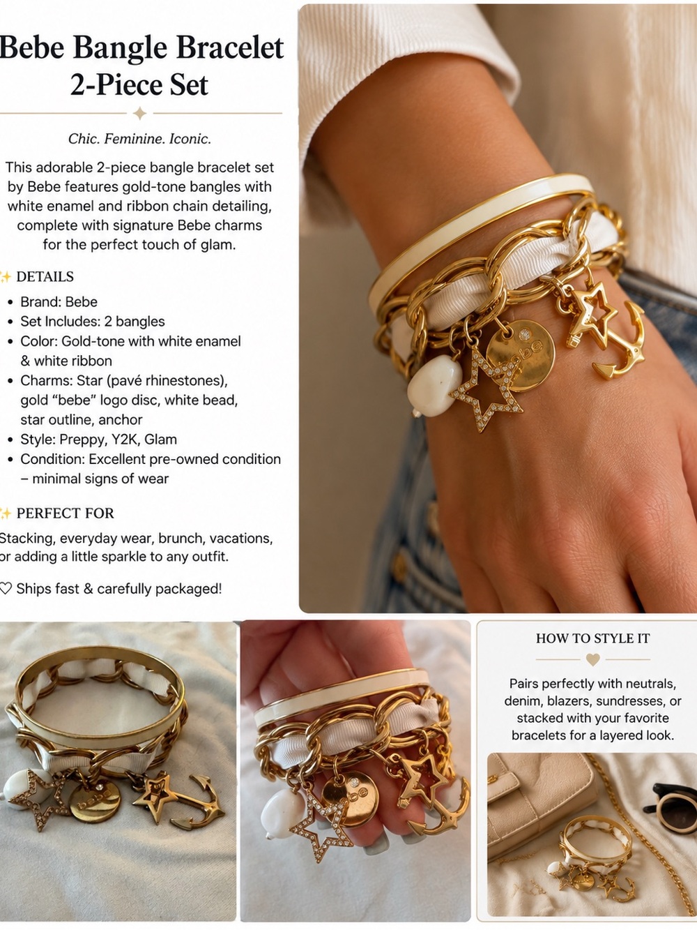 bebe Gold and White 2-Piece Charm Bangle Bracelet Set